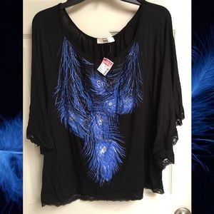 Woman’s 2X black blouse with blue feathers